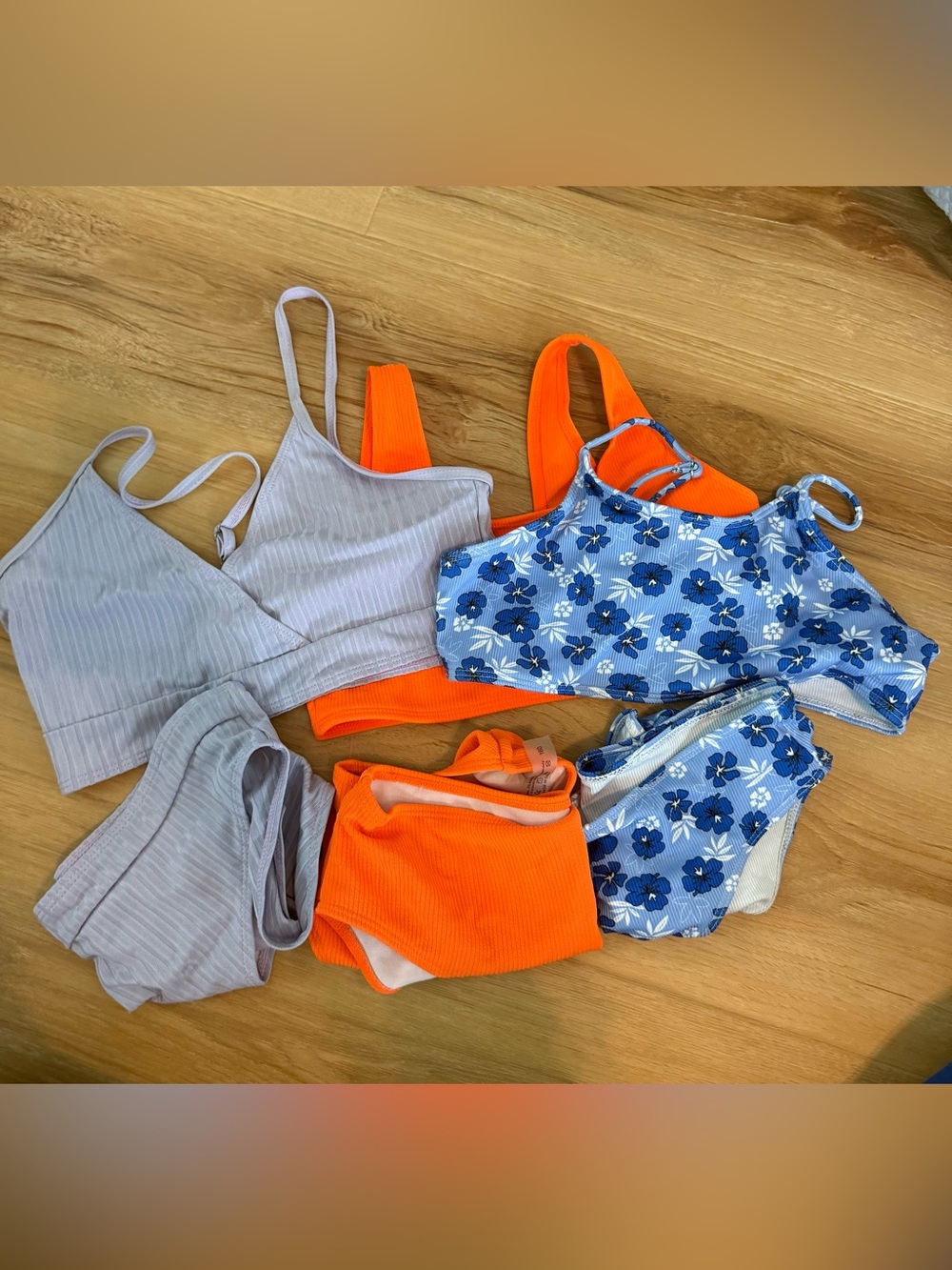 3 SHEIN  Bikini Sets - Blue Floral, Orange & Light Gray